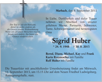 Traueranzeige von Sigrid Huber von Marbacher Zeitung