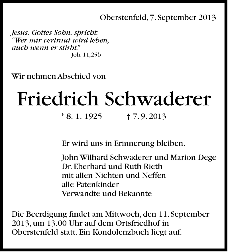  Traueranzeige für Friedrich Schwaderer vom 10.09.2013 aus Marbacher Zeitung