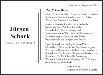 Traueranzeige von Jürgen Schork von Marbacher Zeitung