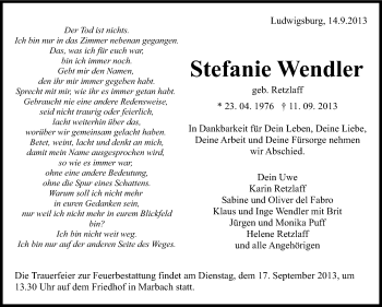 Traueranzeige von Stefanie Wendler von Marbacher Zeitung