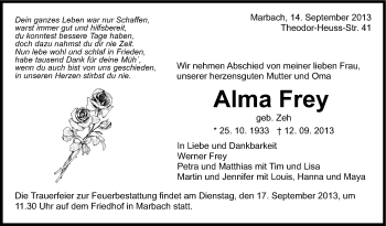 Traueranzeige von Alma Frey von Marbacher Zeitung