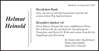 Traueranzeige von Helmut Heinold von Marbacher Zeitung