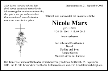 Traueranzeige von Nicole Marx von Marbacher Zeitung