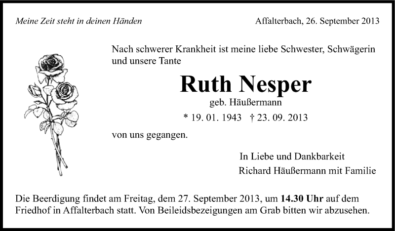  Traueranzeige für Ruth Nesper vom 26.09.2013 aus Marbacher Zeitung