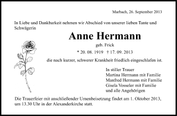 Traueranzeige von Anne Hermann von Marbacher Zeitung