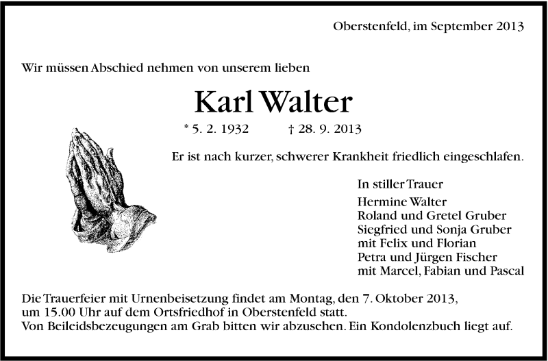  Traueranzeige für Karl Walter vom 04.10.2013 aus Marbacher Zeitung