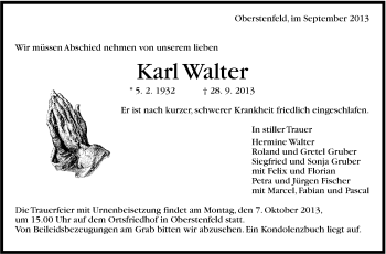 Traueranzeige von Karl Walter von Marbacher Zeitung
