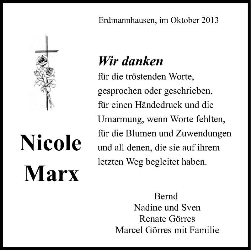  Traueranzeige für Nicole Marx vom 05.10.2013 aus Marbacher Zeitung