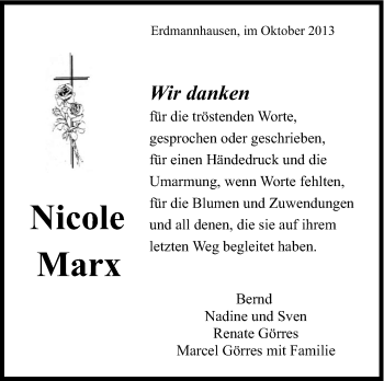 Traueranzeige von Nicole Marx von Marbacher Zeitung