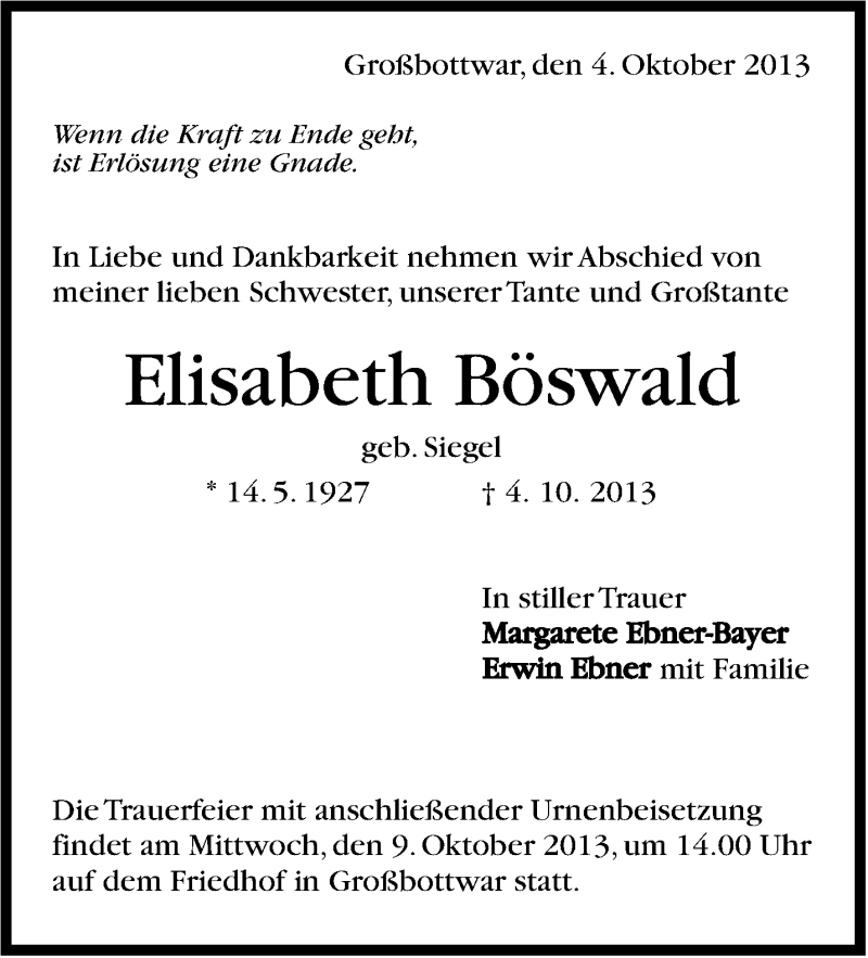  Traueranzeige für Elisabeth Böswald vom 08.10.2013 aus Marbacher Zeitung