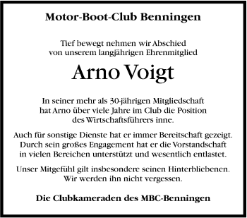 Traueranzeige von Arno Voigt von Marbacher Zeitung