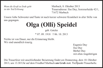 Traueranzeige von Olga Speidel von Marbacher Zeitung