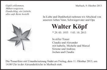 Traueranzeige von Walter Köpf von Marbacher Zeitung