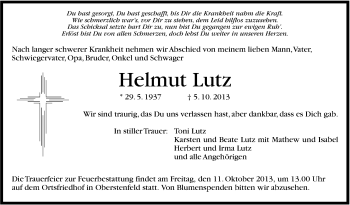 Traueranzeige von Helmut Lutz von Marbacher Zeitung