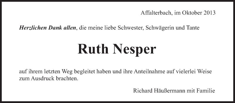  Traueranzeige für Ruth Nesper vom 09.10.2013 aus Marbacher Zeitung