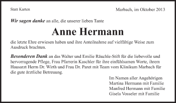 Traueranzeige von Anne Hermann von Marbacher Zeitung