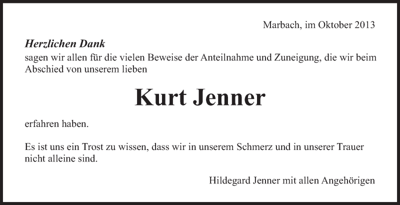  Traueranzeige für Kurt Jenner vom 11.10.2013 aus Marbacher Zeitung