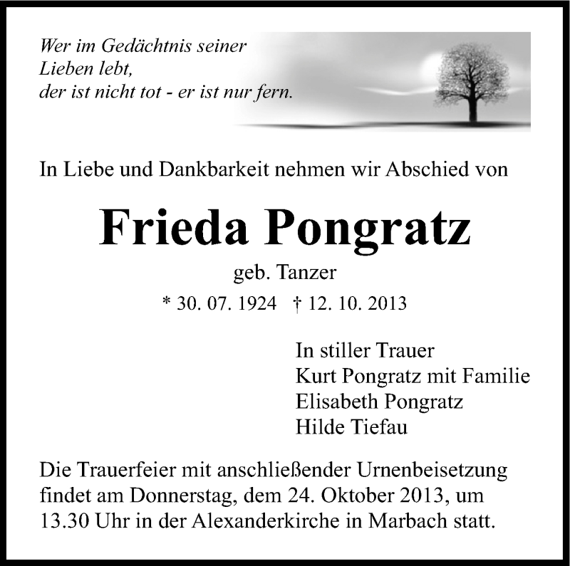  Traueranzeige für Frieda Pongratz vom 21.10.2013 aus Marbacher Zeitung