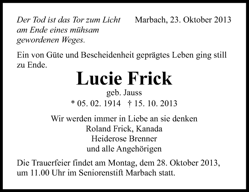  Traueranzeige für Lucie Frick vom 23.10.2013 aus Marbacher Zeitung