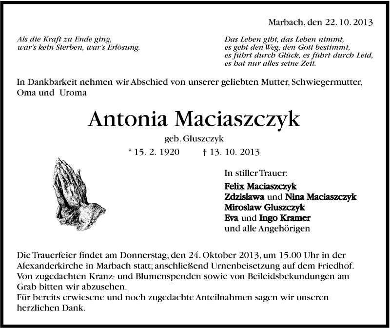  Traueranzeige für Antonia Maciaszczyk vom 22.10.2013 aus Marbacher Zeitung