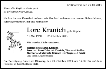 Traueranzeige von Lore Kranich von Marbacher Zeitung