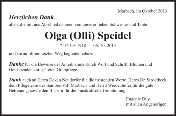 Traueranzeige von Olga Speidel von Marbacher Zeitung