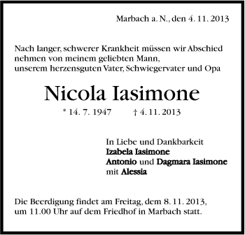 Traueranzeige von Nicola Iasimone von Marbacher Zeitung