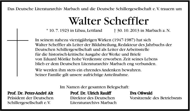  Traueranzeige für Walter Scheffler vom 06.11.2013 aus Marbacher Zeitung