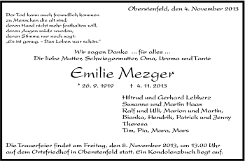 Traueranzeige von Emilie Mezger von Marbacher Zeitung