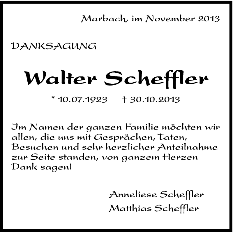  Traueranzeige für Walter Scheffler vom 15.11.2013 aus Marbacher Zeitung