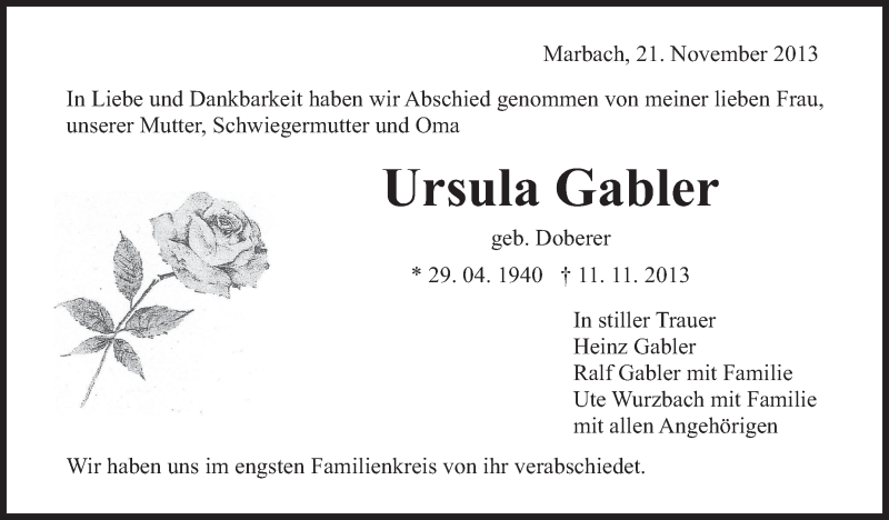  Traueranzeige für Ursula Gabler vom 21.11.2013 aus Marbacher Zeitung