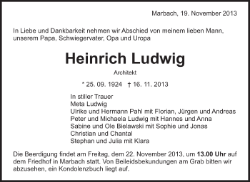 Traueranzeige von Heinrich Ludwig von Marbacher Zeitung