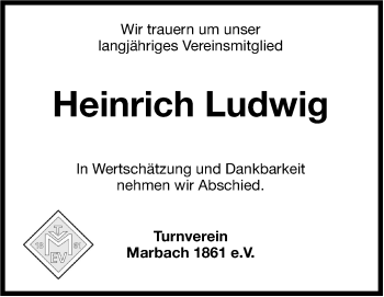 Traueranzeige von Heinrich Ludwig von Marbacher Zeitung