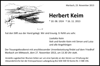 Traueranzeige von Herbert Keim von Marbacher Zeitung