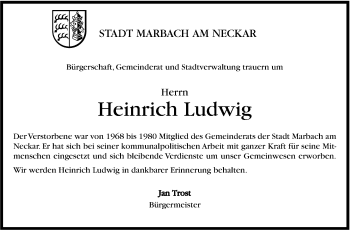Traueranzeige von Heinrich Ludwig von Marbacher Zeitung