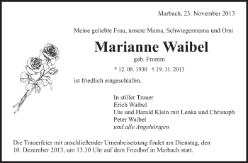 Traueranzeige von Mariaanne Waibel von Marbacher Zeitung