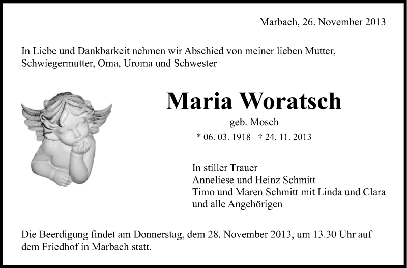  Traueranzeige für Maria Woratsch vom 26.11.2013 aus Marbacher Zeitung