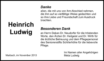 Traueranzeige von Heinrich Ludwig von Marbacher Zeitung