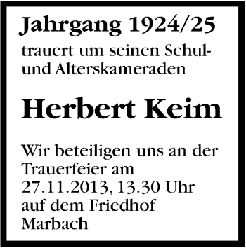 Traueranzeige von Herbert Keim von Marbacher Zeitung