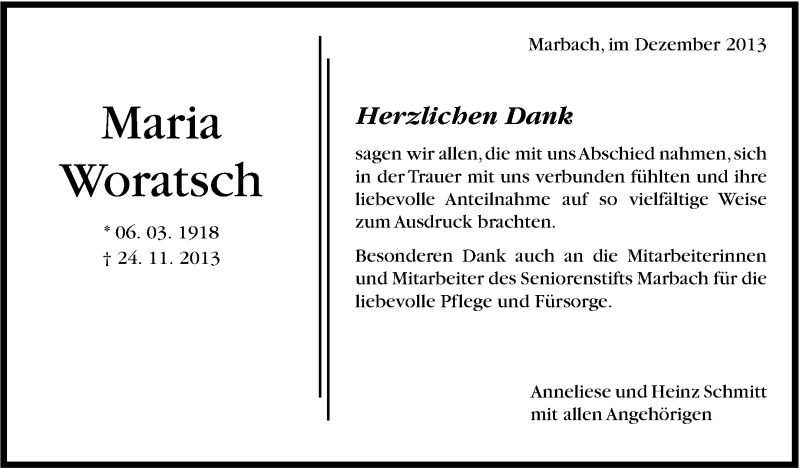  Traueranzeige für Maria Woratsch vom 04.12.2013 aus Marbacher Zeitung