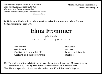 Traueranzeige von Elma Frommer von Marbacher Zeitung