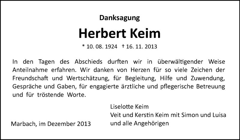  Traueranzeige für Herbert Keim vom 07.12.2013 aus Marbacher Zeitung
