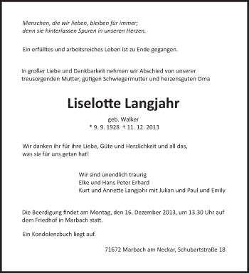 Traueranzeige von Liselotte Langjahr von Marbacher Zeitung