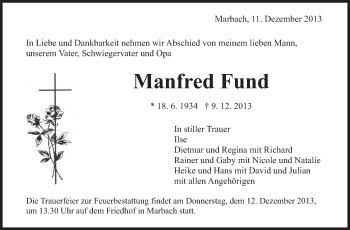 Traueranzeige von Manfred Fund von Marbacher Zeitung