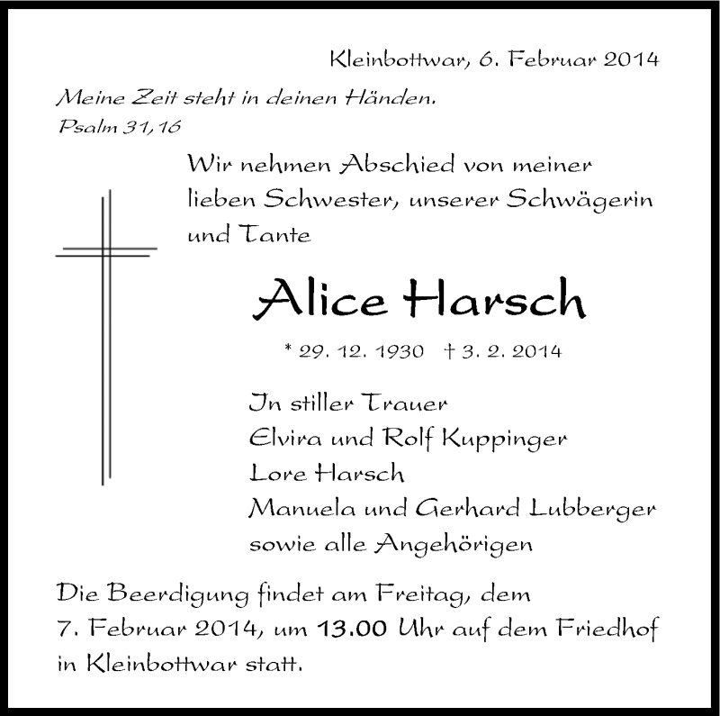  Traueranzeige für Alice Harsch vom 06.02.2014 aus Stuttgarter Zeitung / Stuttgarter Nachrichten