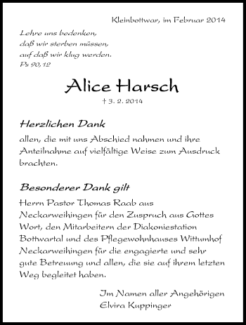 Traueranzeige von  Alice Harsch von Stuttgarter Zeitung / Stuttgarter Nachrichten