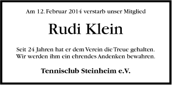 Traueranzeige von Rudi Klein von Stuttgarter Zeitung / Stuttgarter Nachrichten