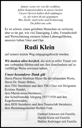 Traueranzeige von Rudi Klein von Stuttgarter Zeitung / Stuttgarter Nachrichten