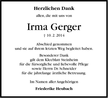 Traueranzeige von Irma Gerger von Stuttgarter Zeitung / Stuttgarter Nachrichten