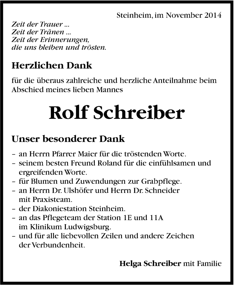  Traueranzeige für Rolf Schreiber vom 06.11.2014 aus Stuttgarter Zeitung / Stuttgarter Nachrichten